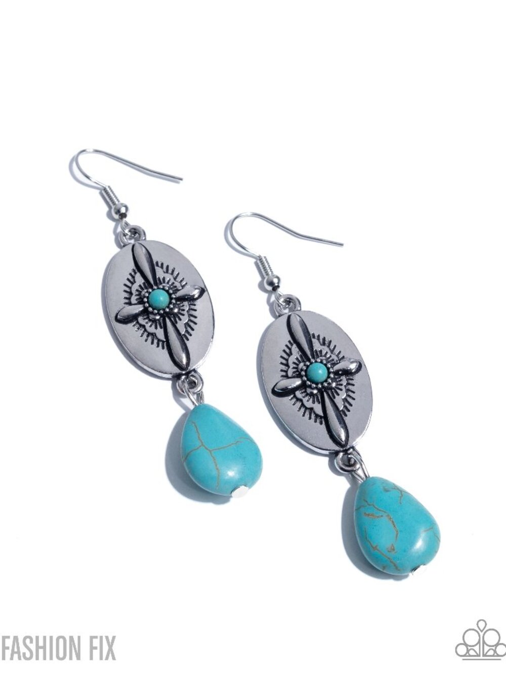 Turquoise silver tone earrings with cross detail - Authentic Arrangement Blue